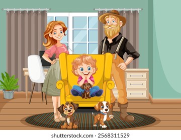 Family enjoying time with their two dogs