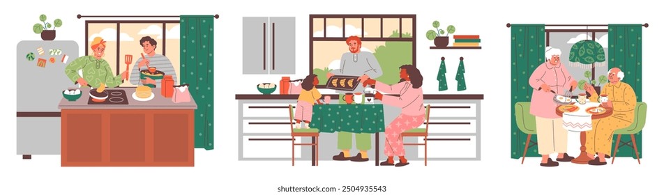 Family enjoying together breakfast. Cartoon happy parents cook food in the kitchen vector flat illustrations set. Prepare pancakes, croissants and scrambled eggs with sausages