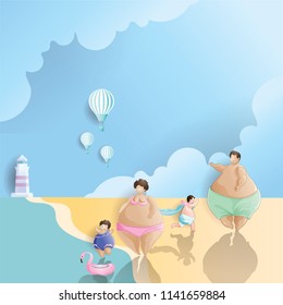 Family enjoying together with happiness holiday on the sea beach, Summer vacation concepts, Vector illustration in pastels color paper digital craft style