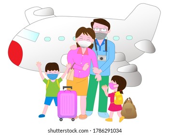 A family enjoying a trip wearing masks to prevent new coronavirus infection.