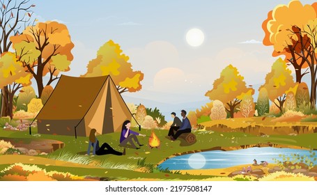 Family Enjoying Vacation Camping At Countryside In Autumn,Group Of People Sitting Near The Tent And Campfire Having Fun Talking Together, Vector Rural Landscape In Fall Forest Tree With Sunset Sky