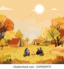 Family enjoying vacation camping at countryside in Autumn,Group of People sitting near the tent and campfire having fun talking together, Vector Rural landscape in fall forest tree with sunset sky