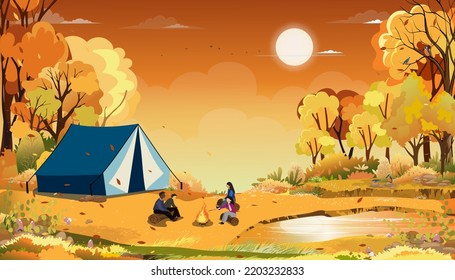 Familia disfrutando de sus vacaciones acampando en el campo en otoño, Grupo de personas sentadas cerca de la carpa y fogata divirtiéndose juntos, Vector Rural en el árbol del bosque otoño con cielo al atardecer