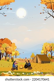 Familia disfrutando de sus vacaciones acampando en el campo en otoño, Grupo de personas sentadas cerca de la carpa y fogata divirtiéndose juntos, Vector Rural en el árbol del bosque otoño con cielo al atardecer