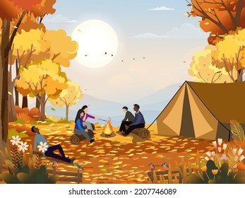 Family enjoying vacation camping at countryside in Autumn,Group of People sitting near the tent and campfire having fun talking together, Vector Rural landscape in fall forest tree with sunset sky