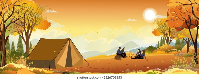 Family enjoying vacation camping at countryside in Autumn,Group of People sitting near the tent and campfire having fun talking together, Vector Rural landscape in fall forest tree with sunset sky