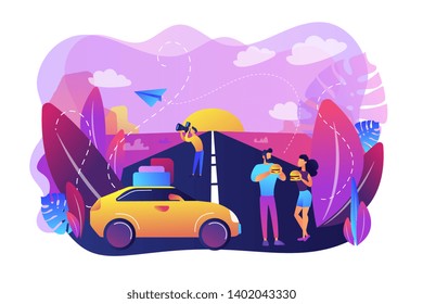 Family enjoying vacation on interstate highway. Photographing scenic sunset view. Road trip, road traveling journey, traveling by car concept. Bright vibrant violet vector isolated illustration