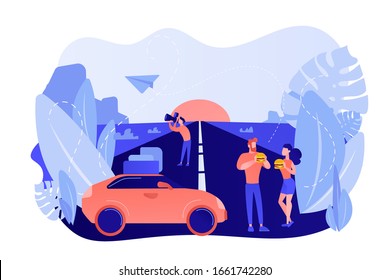 Family enjoying vacation on interstate highway. Photographing scenic sunset view. Road trip, road traveling journey, traveling by car concept. Pinkish coral bluevector isolated illustration