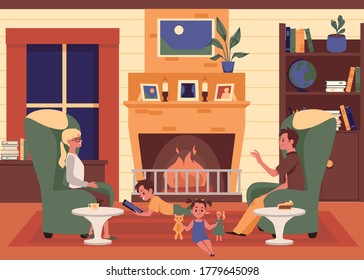 Family enjoying vacations at home in front of fireplace, flat vector illustration. Living room interior with family members communicating and children playing with toys.