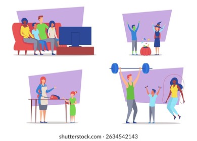 Family enjoying various activities together. People watching TV, celebrating Halloween, cooking, and exercising, all in bright, inviting environment