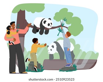 Familia Disfrutando De Una Visita Al Zoológico, Observando Pandas Gigantes En Su Recinto. La Escena De Dibujos Animados Captura Momentos De Alegría, Curiosidad Y Vinculación Familiar Mientras Observan A Los Juguetones Pandas En Un Entorno Natural