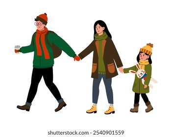 Family enjoying a winter day outdoors while holding hands and carrying warm drinks