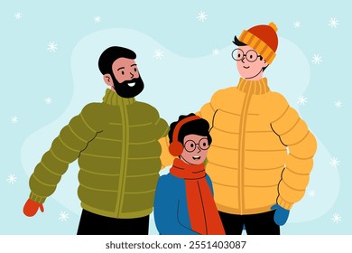 Family enjoying a winter day outdoors in colorful jackets with joy and laughter