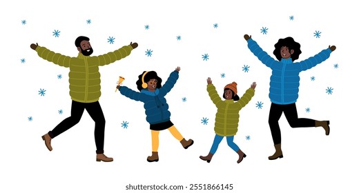 Family enjoying winter fun in the snow while celebrating together