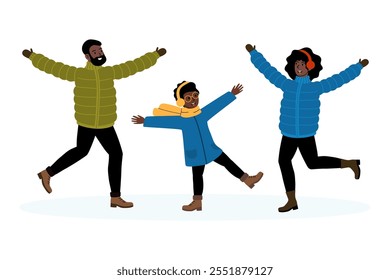 Familia que disfruta de la diversión del invierno mientras que juega en la nieve juntos en un día frío