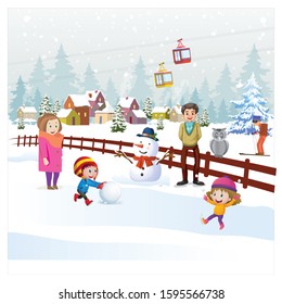 Family Enjoying in winter and kid having fun with snow