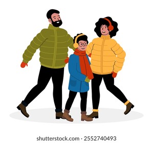 Família desfrutando de um passeio de inverno em jaquetas coloridas em um dia frio