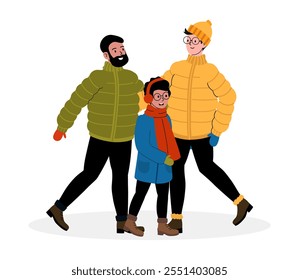 Family enjoying a winter walk in colorful jackets and cozy hats