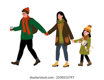 Familia disfrutando de un paseo de invierno juntos mientras se toman de la mano en un ambiente acogedor