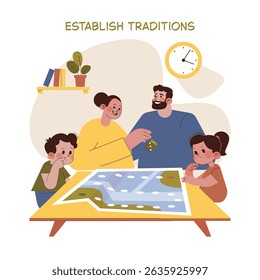 Uma família gosta de uma noite de jogo de tabuleiro, rindo e se unindo sobre o jogo. Os pais e as crianças se reúnem em torno de uma mesa, se divertindo e fortalecendo as tradições familiares. Ilustração vetorial.