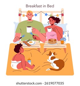 Family enjoys a cozy breakfast in bed, bonding over delicious food and warm drinks. A relaxed atmosphere with a child and a pet enhances the joy of this special morning experience. Vector illustration