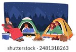 Family Enjoys A Cozy Night Camping Under A Starry Sky With Two Tents And A Campfire. People Relaxing And Drinking From Mugs, Wrapped In Sleeping Bags And Blankets. Vector Scene Camping Adventure