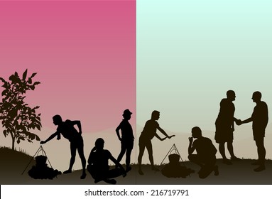 A family enjoys a day out in the country with pot and fire. All silhouettes are in full including feet.