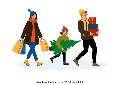 Family enjoys holiday shopping while carrying gifts and a small Christmas tree in winter attire