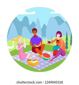 The family enjoys a picnic. Dad eats watermelon, daughter blows bubbles, mom and son take a selfie. Against the backdrop of a natural park among mountains and forests. Vector illustration. 