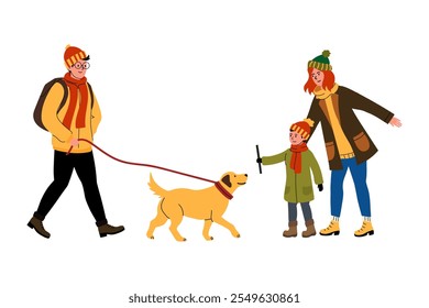 Family enjoys a walk with their dog on a cool day in a park setting