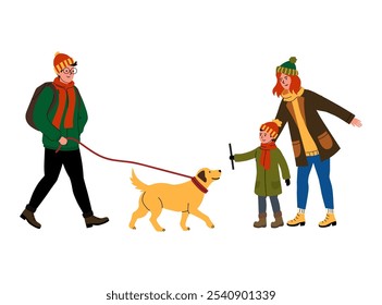 Family enjoys a winter walk with a cheerful golden retriever in a snowy park