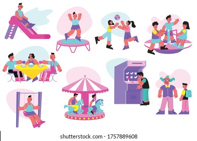 Family entertainment center flat set with children cafe trampoline slide swing riding carousel slot machines vector illustration  