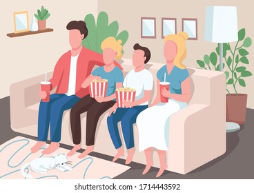 Family entertainment flat color vector illustration. Mom and dad spend time with kids. Children watch TV with parents on couch. Relatives 2D cartoon characters with interior on background