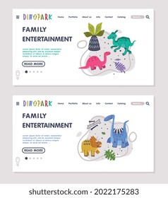 Family Entertainment Landing Page with Funny Dinosaurs as Cute Prehistoric Creature and Comic Jurassic Predator Vector Template