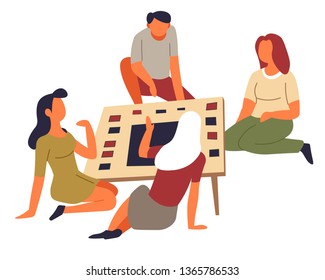 Family entertainment table or board game leisure pastime group activity vector friends and map with cards playing together home party challenge and strategy characters around desktop man and women.