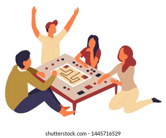 Family entertainment table or board game leisure pastime group activity vector friends and map with cards playing together home party challenge and strategy characters around desktop man and women.