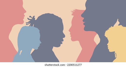 Family environment, child psychology, mental development concept. People profile silhouette of multiethnic, multiracial, multicultural group.