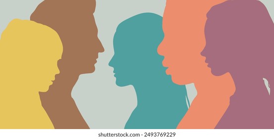 Family environment, mental development of child and teenager, racial equality, international family. People profile silhouette