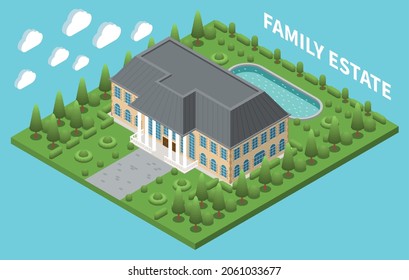 Family estate isometric composition with large two stored house pool and big park vector illustration