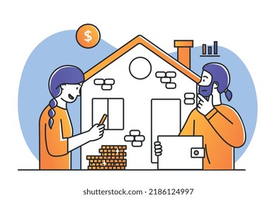 Family evaluate house. Man and girl look at charts, analyze cost. Financial literacy, investing and passive income. Sale and purchase of real estate, mortgage. Cartoon flat vector illustration