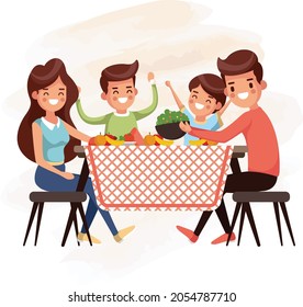 family evening dinner celebration. Family eating together and has making conversation sitting around the table with festive holiday homemade meal.