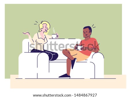 Family evening relax flat vector illustrations. Young wife talking with husband on sofa. Friends gossiping, drinking tea, coffee cartoon characters with outline elements on green background

