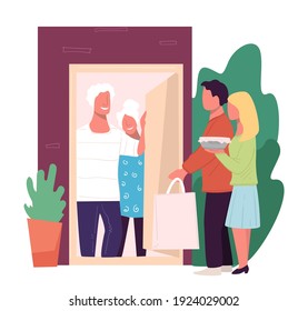 Family evening and reunion with relatives. Adults visiting grandparents or old parents. Characters bringing presents and home baked pie. Cheerful pensioners opening doors. Vector in flat style