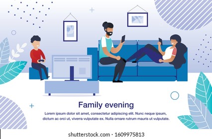 Family Evening Routine Trendy Flat Vector Banner, Poster Template. Family Spending Time Together at Home, Parents and Kid Resting in Living Room, Using Smartphone, Playing Computer Games Illustration
