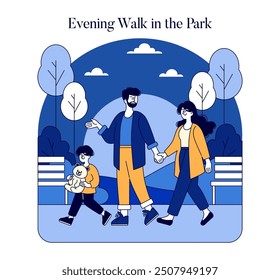 Family Evening Stroll Concept. A serene evening stroll in the park illustration with a family enjoying quality time surrounded by nature. Vector illustration.