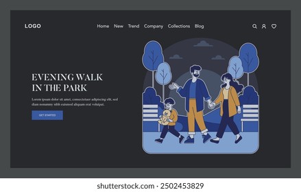 Family Evening Walk illustration. A serene night scene with a family enjoying a leisurely stroll in a tranquil park setting. Vector illustration.