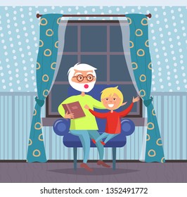 Family evenings at home vector, grandfather and grandson listening to fairy tale told by grandad. People sitting on sofa beside window with curtains