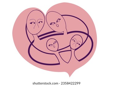 Family, everyone hugs in the heart, very simply drawn with a line