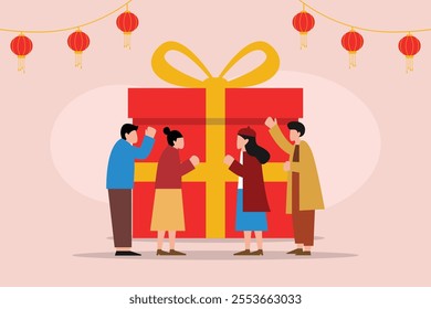 Family Exchanging Festive Greetings with Red Gift Box and Lanterns for Chinese New Year 2d flat vector illustrations