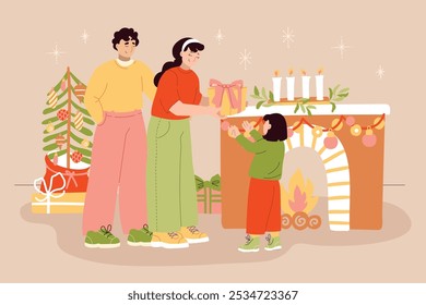 Family exchanging gifts at Christmas. Festive scene with parents and child decorating the fireplace. Hand drawn modern flat vector illustration set.